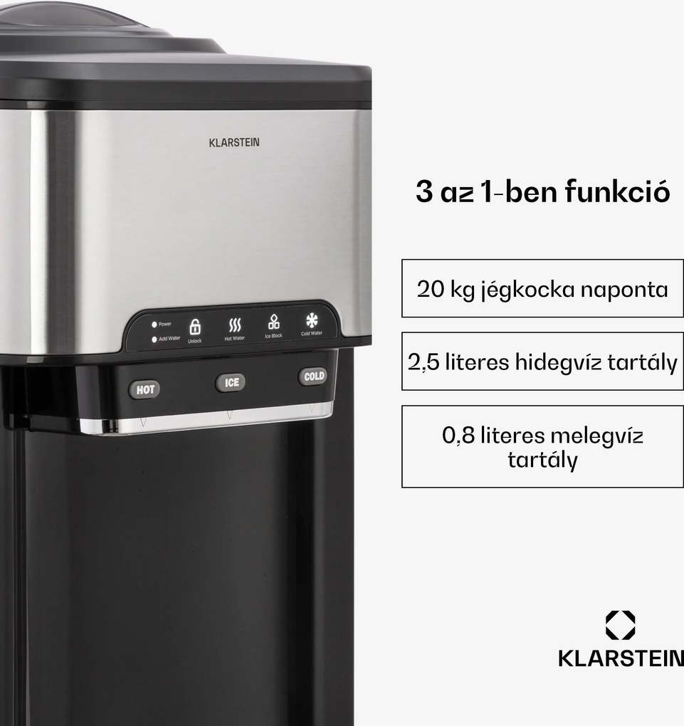 Klarstein Aqueous, jégkocka készítő 3 az 1-ben, jégkocka, 20 kg/24 h, vízadagoló: hideg és meleg