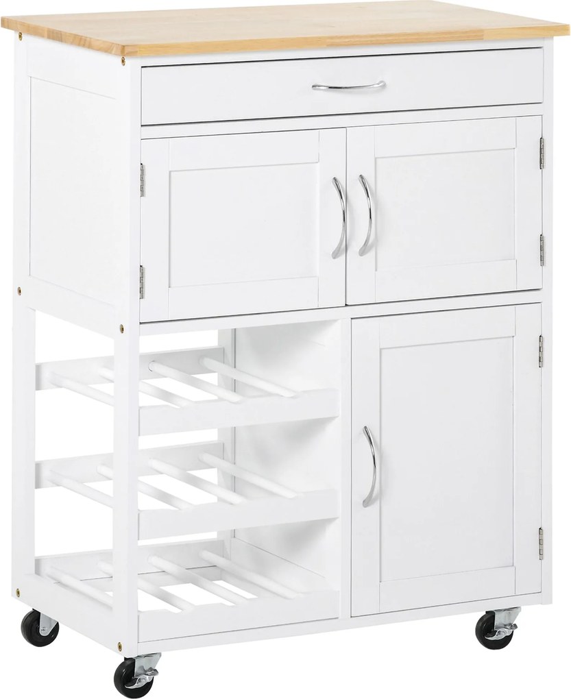 HOMCOM Konyhai Kocsi Kerekekkel, Fiókkal, 2 Tároló Szekrénnyel és 3 Nyitott Polccal, 9 Palackhoz, Étkezőbe vagy Étterembe, 67x37x87 cm, Fehér | Aosom