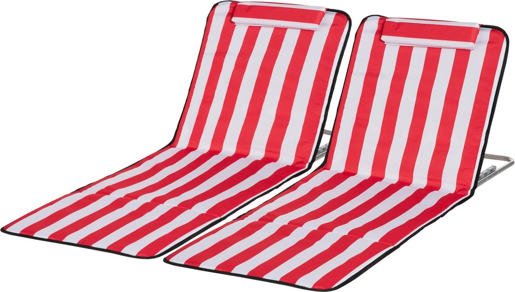 Outsunny 2 db-os állítható háttámlás beach napozóágy szett 5 pozícióval, fejtámlával és utazótáskával, acél és PE, 124x53x35-45 cm, Piros és Fehér | A
