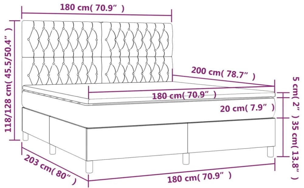 sötétszürke bársony rugós és LED-es ágy matraccal 180x200 cm