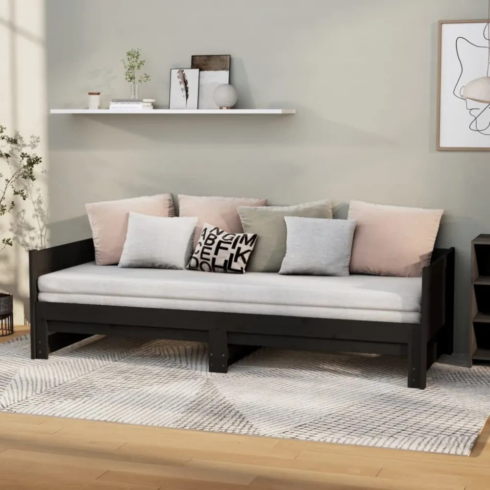 fekete tömör fenyőfa kihúzható kanapéágy 2x(80x200) cm