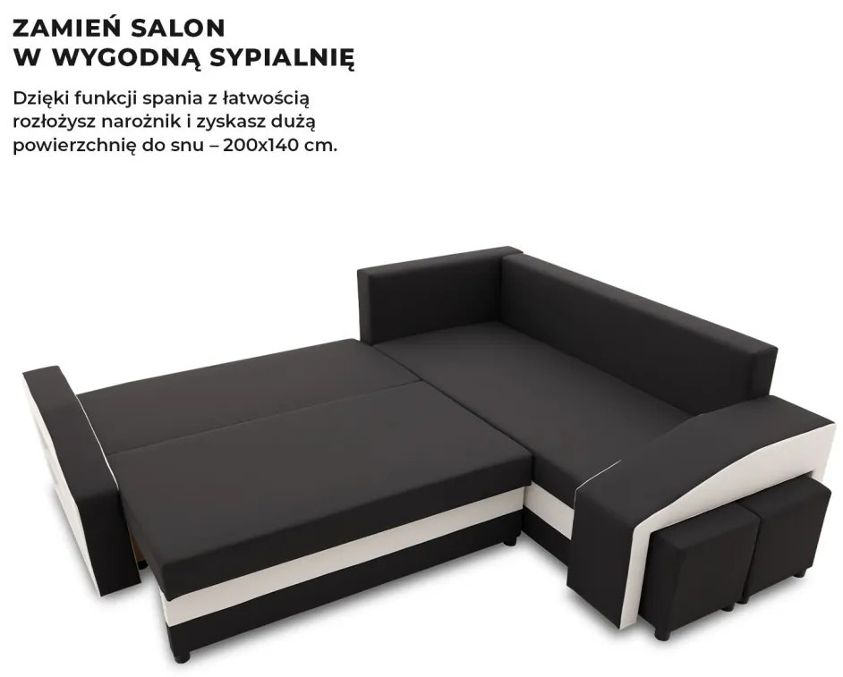 Grande sarokkanapé polcokkal és puffokkal , polc a bal karfaban puffok a jobb karfaban, jobboldali, szövet anyag, hab töltet, fekete - fehér