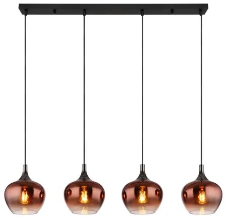 Globo 15548-4HG Függeszték fekete matt fém, fekete-króm fém, réz színű/átlátszó színátmenetes üveg búra, fekete textil kábel, HxSzxM: 1000x180x1200mm, 4x E27 40W 230V izzók nélkül
