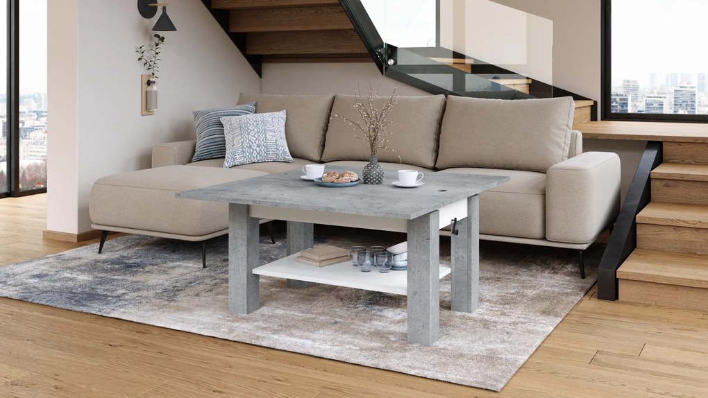 Mazzoni BRAWO Millenium Beton/Fehér - NYITHATÓ/MAGASÍTHATÓ DOHÁNYZÓASZTAL POLCCAL ÉTKEZŐASZTALKÉNT IS HASZNÁLHATÓ