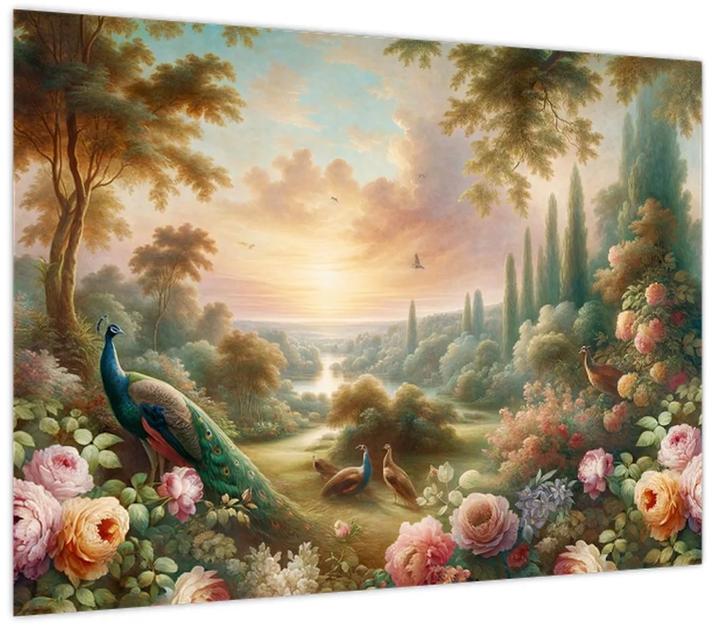 Üveg kép - Pávák a kertben (70x50 cm)