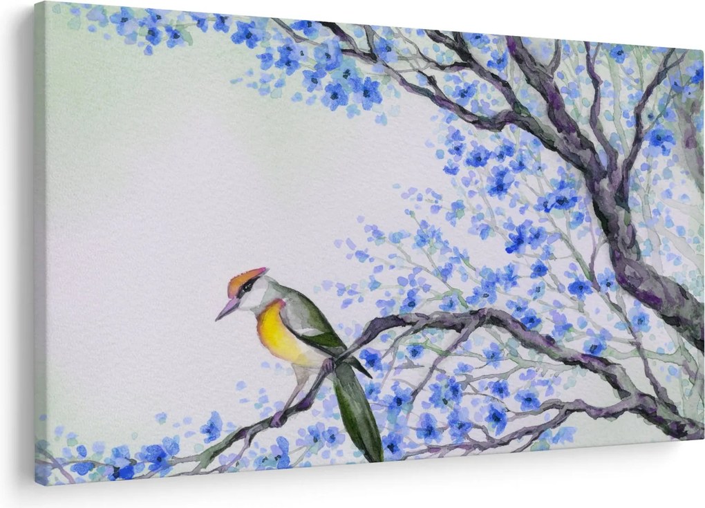 Kép - Madár egy fán kék virágokkal (90x60 cm)