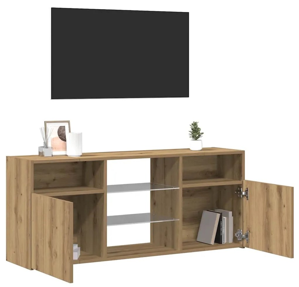 kézműves tölgy szerelt fa TV-szekrény LED-ekkel 120x30x50 cm
