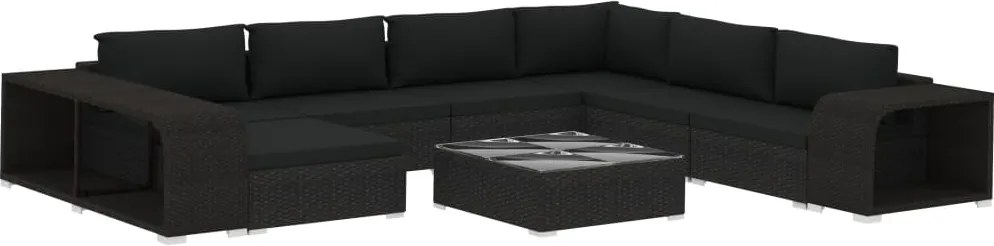vidaXL 10-részes fekete polyrattan kerti bútorszett párnákkal