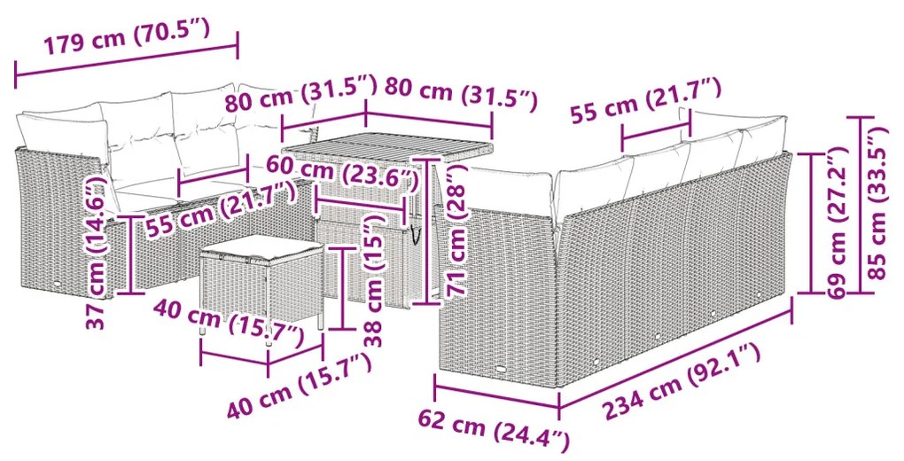 10 részes kerti kanapé szett párnákkal Fekete Poli Rattan Akácia
