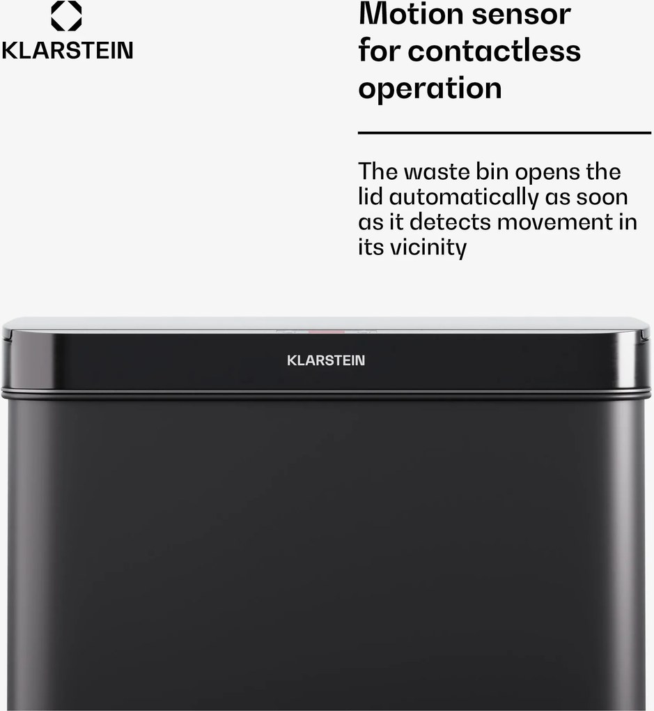 Klarstein Touchless, szenzoros szemétkosár, 60 l, rozsdamentes acélból, Soft-Close záródás, elemmel működő, LED kijelző, időzítő