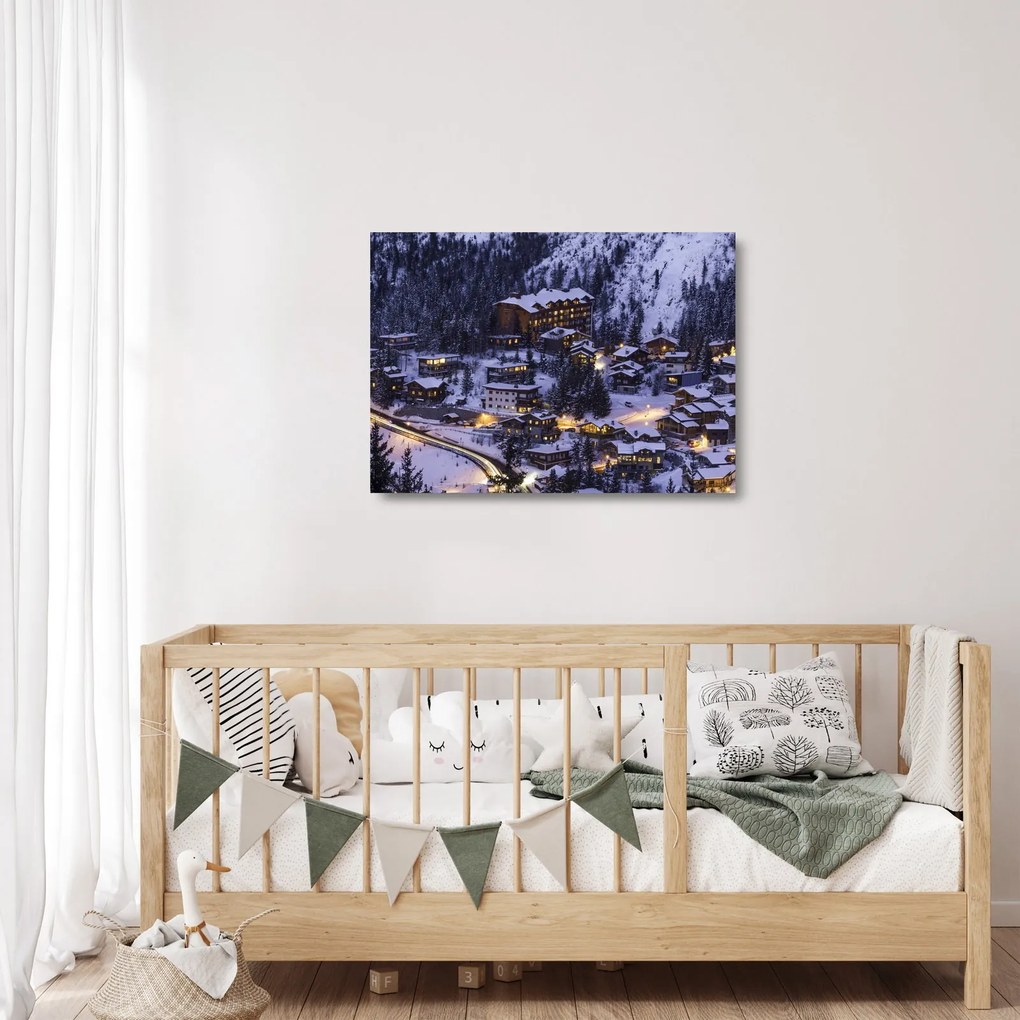 Kép - téli hegyi város (üvegen) (70x50 cm)