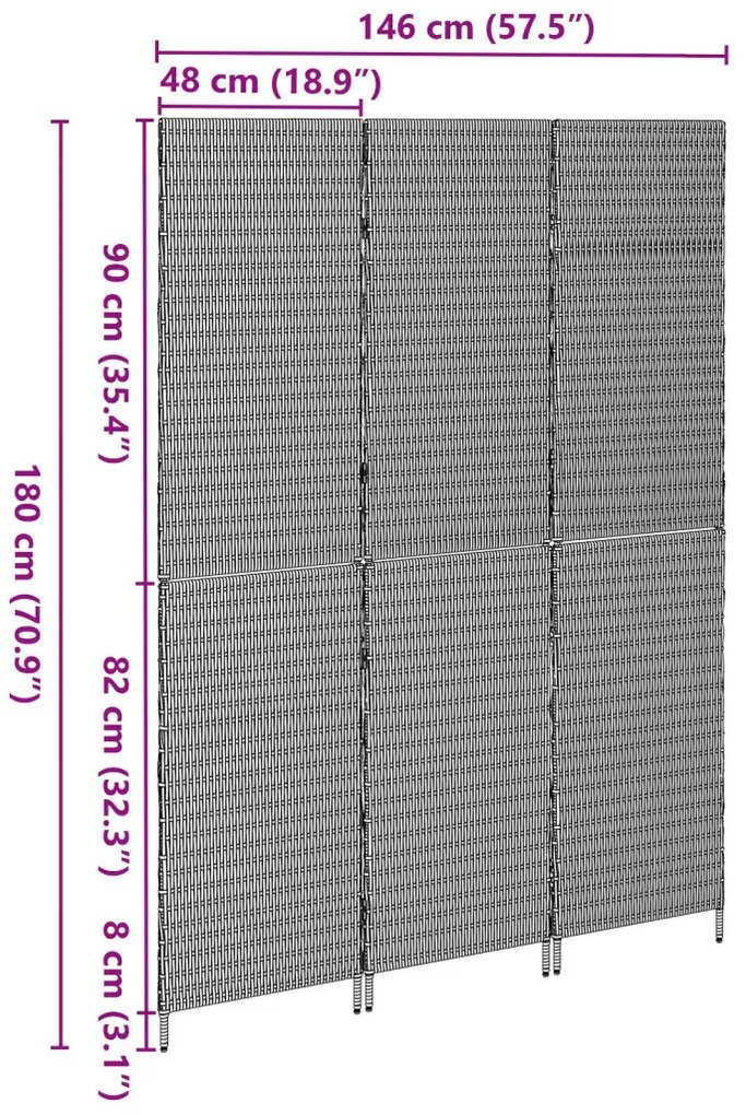 3 Paneles Elválasztó Fekete 146x180 cm Polirattan