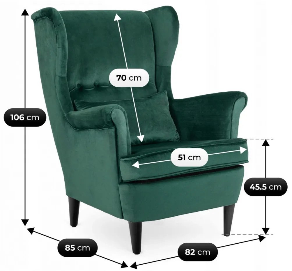 Elegáns Füles Fotel Lábtartóval Zöld Bársony Kárpittal. EVAN 2