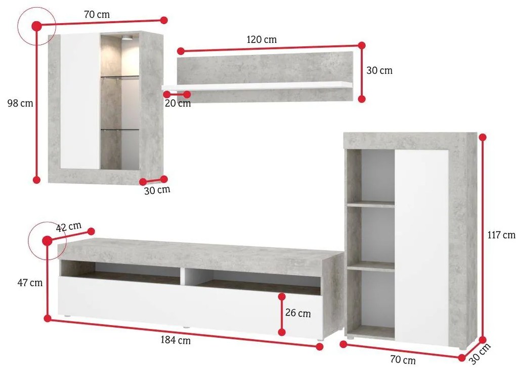 TOKIOR nappali fal, 265x180x42, beton/fehér