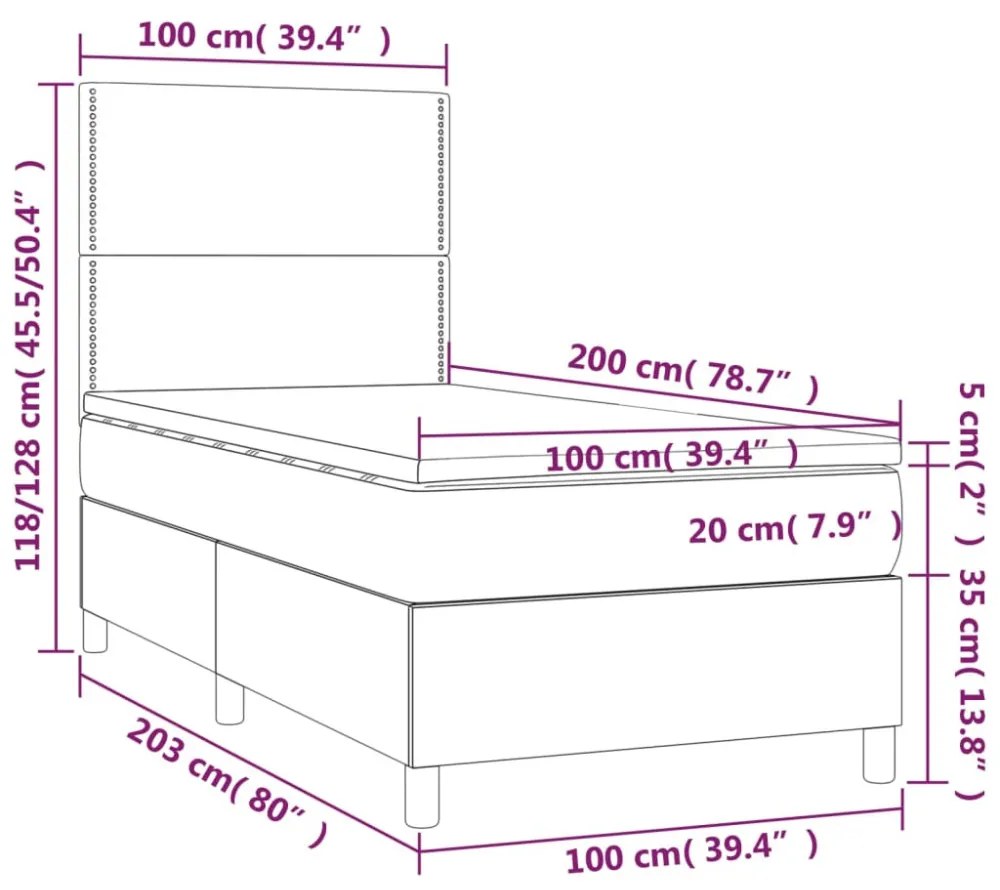 fekete szövet rugós és LED-es ágy matraccal 100x200 cm