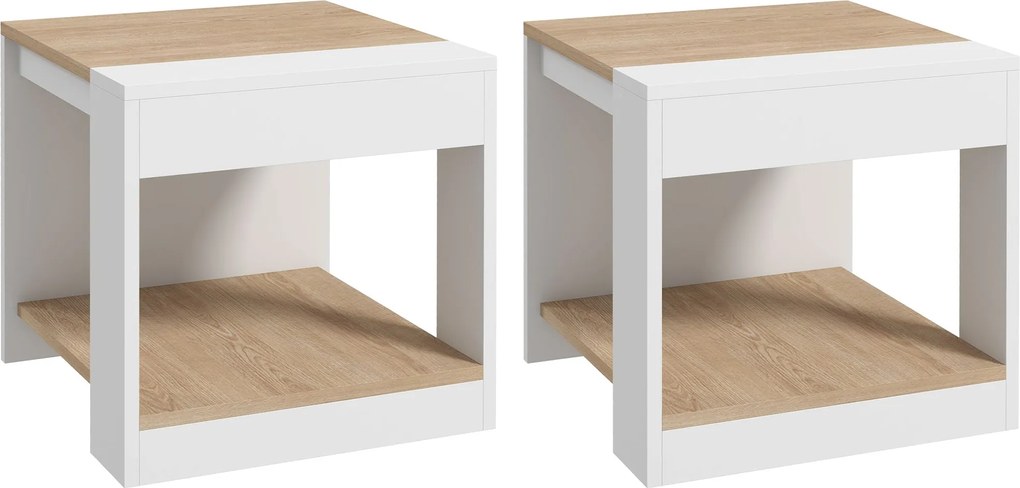 HOMCOM 2 db Rusztikus Stílusú Fa Tálca Éjjeliszekrény a Nappalihoz és Hálószobához 40 x 40 x 45 cm Fehér és Természetes | Aosom