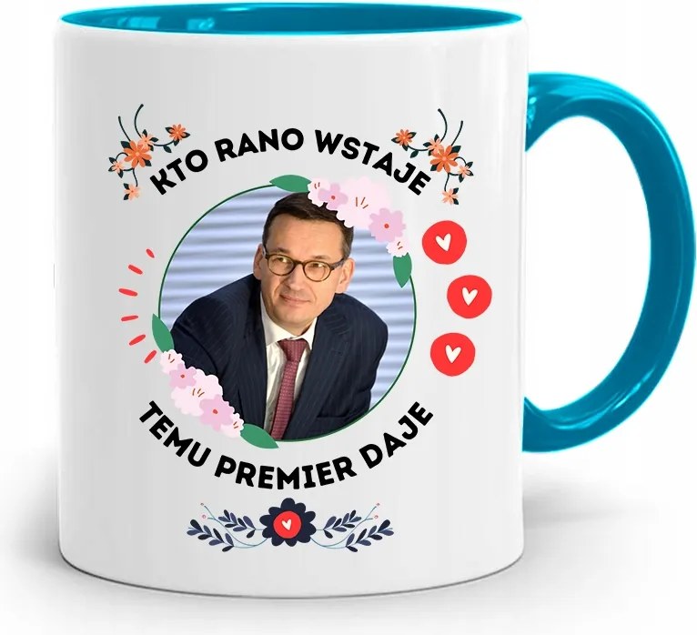 Kék Politikus Bögre Mateusz Morawiecki Miniszterelnök fényképes nyomtatással