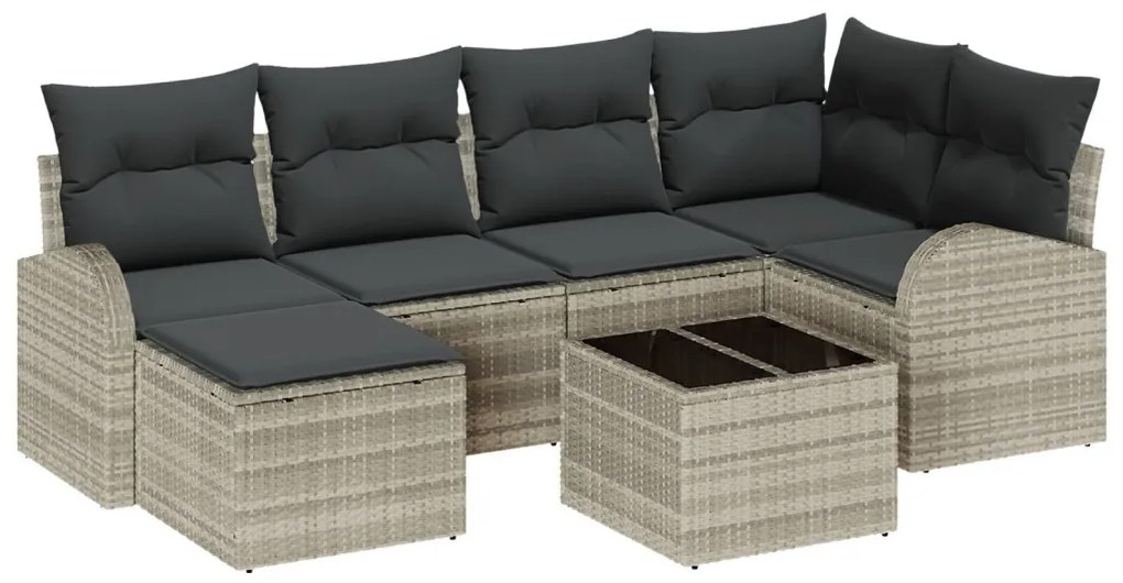 7 darabos kerti kanapészett párnákkal szürke Poly Rattan, 2 fős kerti kanapé tárolóval és párnákkal világosszürke Poly Rattan