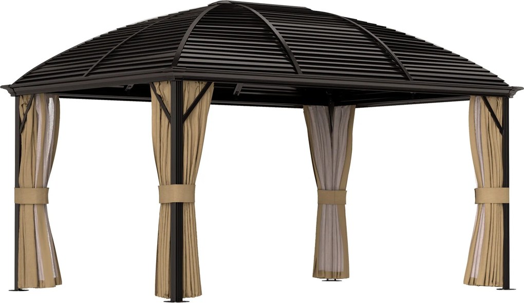 Outsunny Pavilon Kerek Tetővel, 4x3 m Vízálló, Stabil, Téli Védelmű Kerti Pavilon Szúnyoghálóval, Horgokkal, Oldalfalakkal, Barna | Aosom