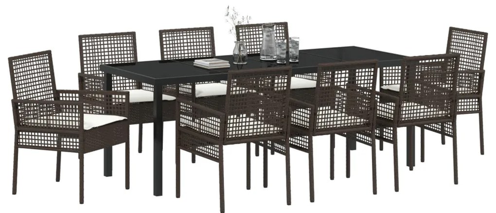 9 részes Kerti Étkező Szett Párnákkal Barna Polyrattan