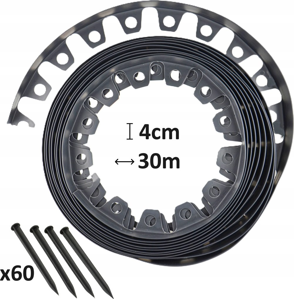 Kerti gyepszegély fekete 4cm 30m rugalmas 60db tipli