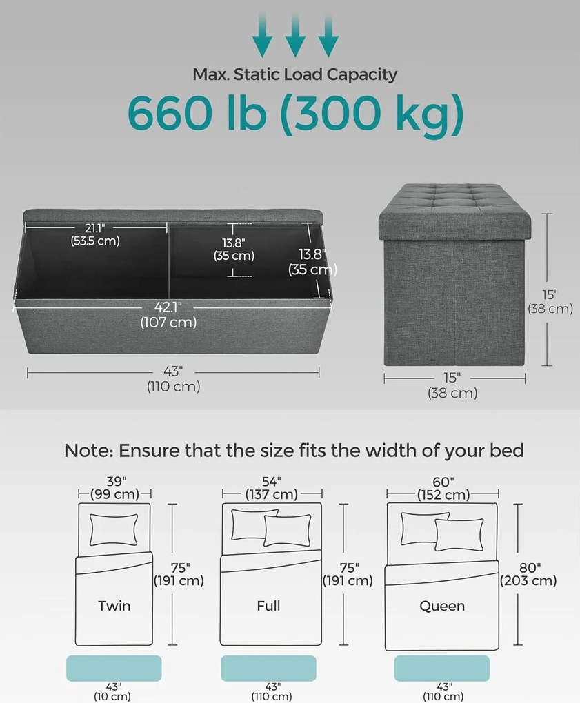 Puff 110x38x38 cm, tároló ottomán pad, 120 l, sötétszürke