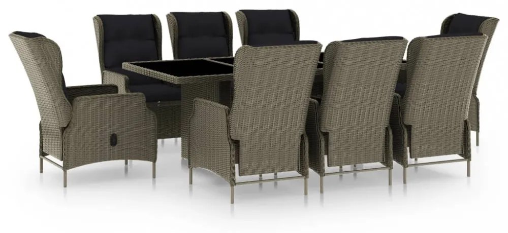 9 részes barna kültéri polyrattan étkezőszett párnákkal
