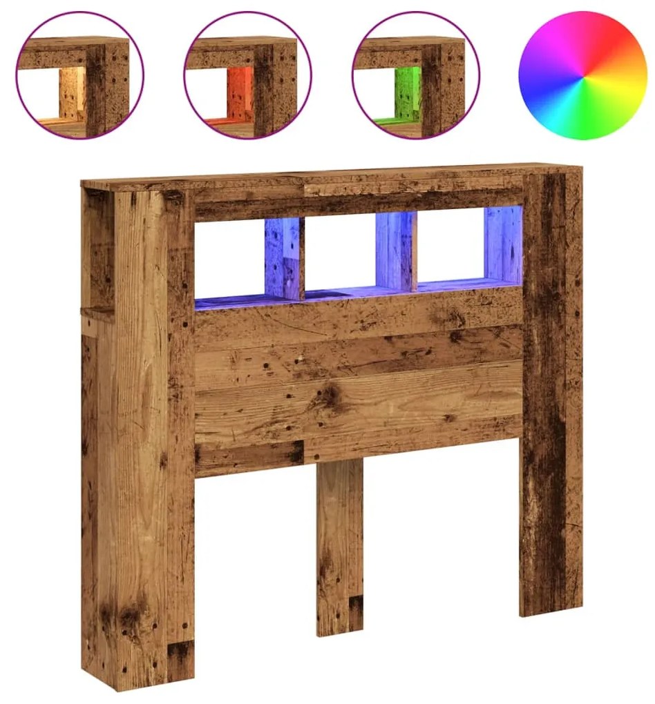 antik fa színű szerelt fa LED-es fejtámla 120x18,5x103,5 cm