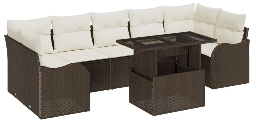 8 darabos kerti kanapészett párnákkal barna poly rattan, 2 személyes kerti kanapé tárolóval és párnákkal barna poly rattan