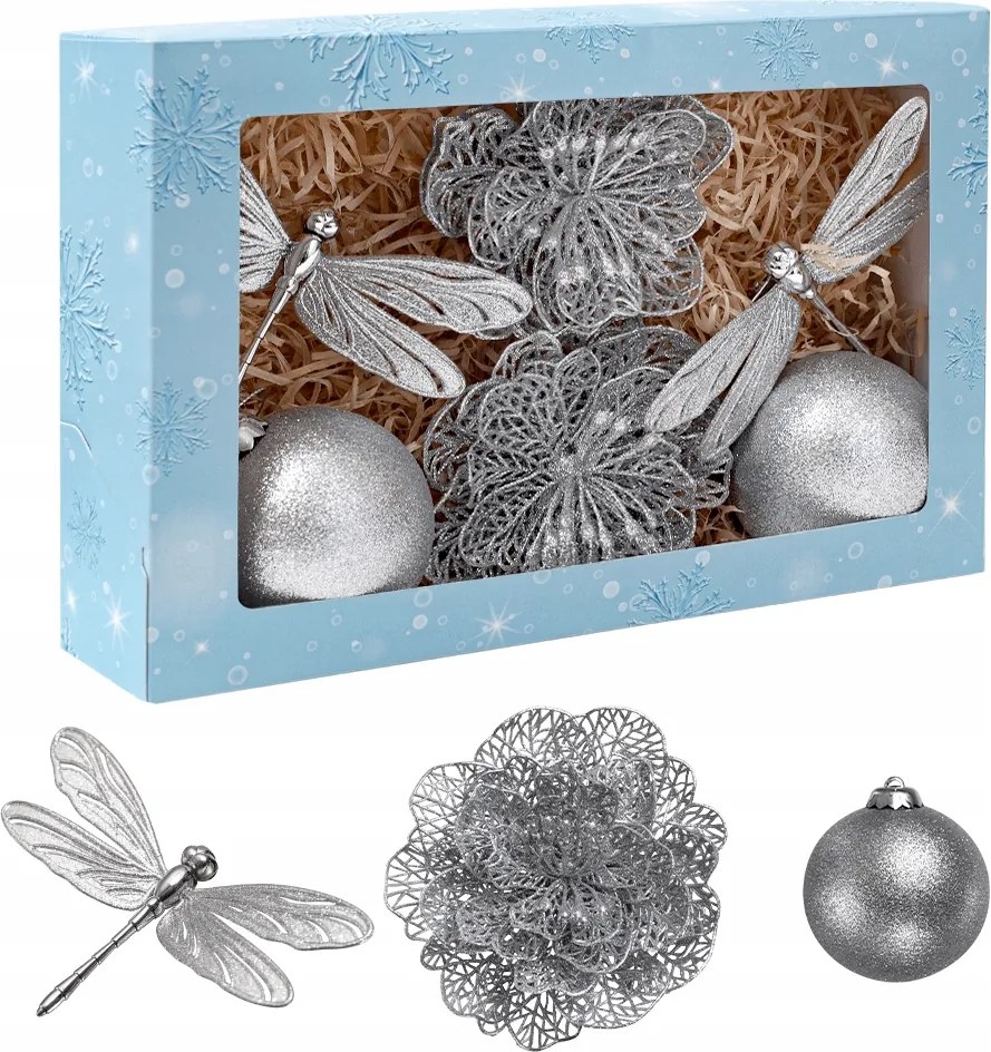 Ezüst karácsonyfadísz szett Karácsonyra mozaik szitakötő gömb