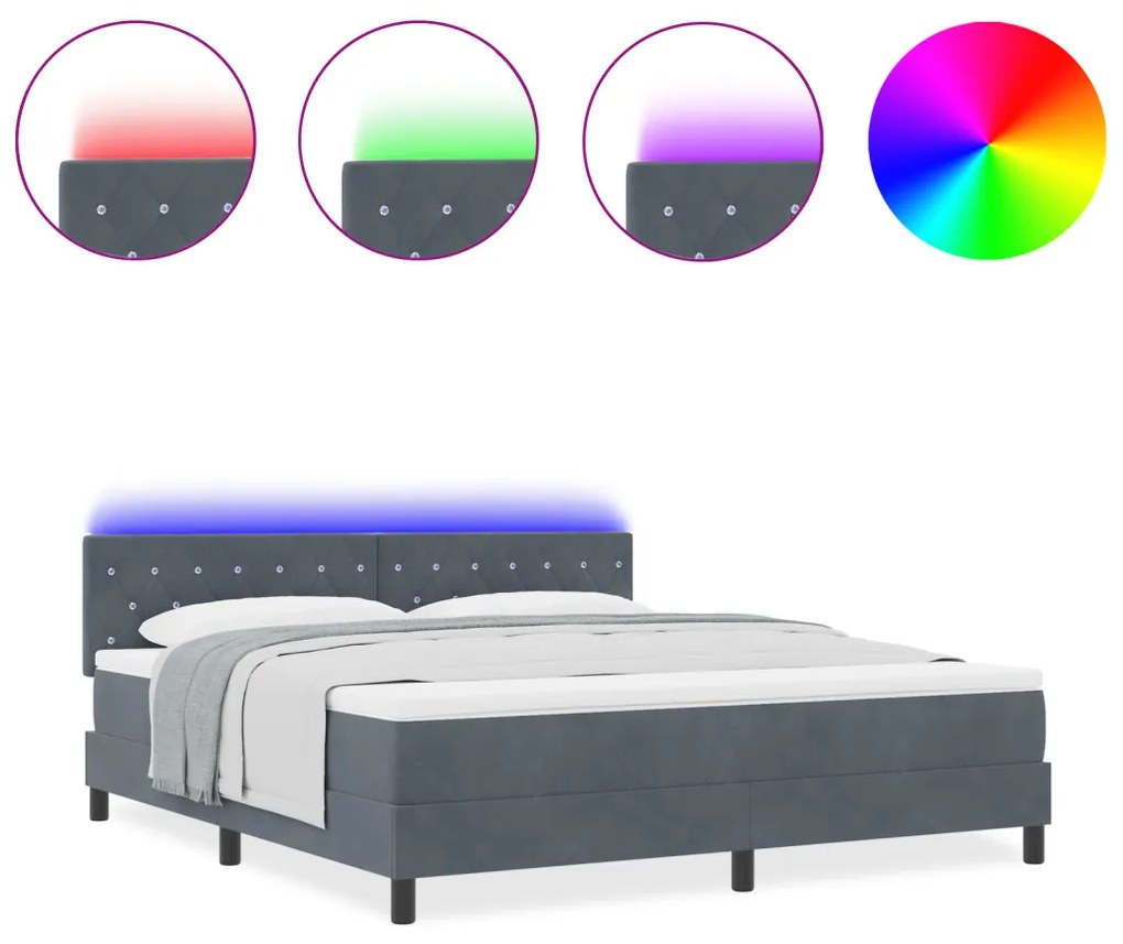 Box Spring Ágy Matraccal &amp; LED Sötétszürke 180x200 cm Bársony