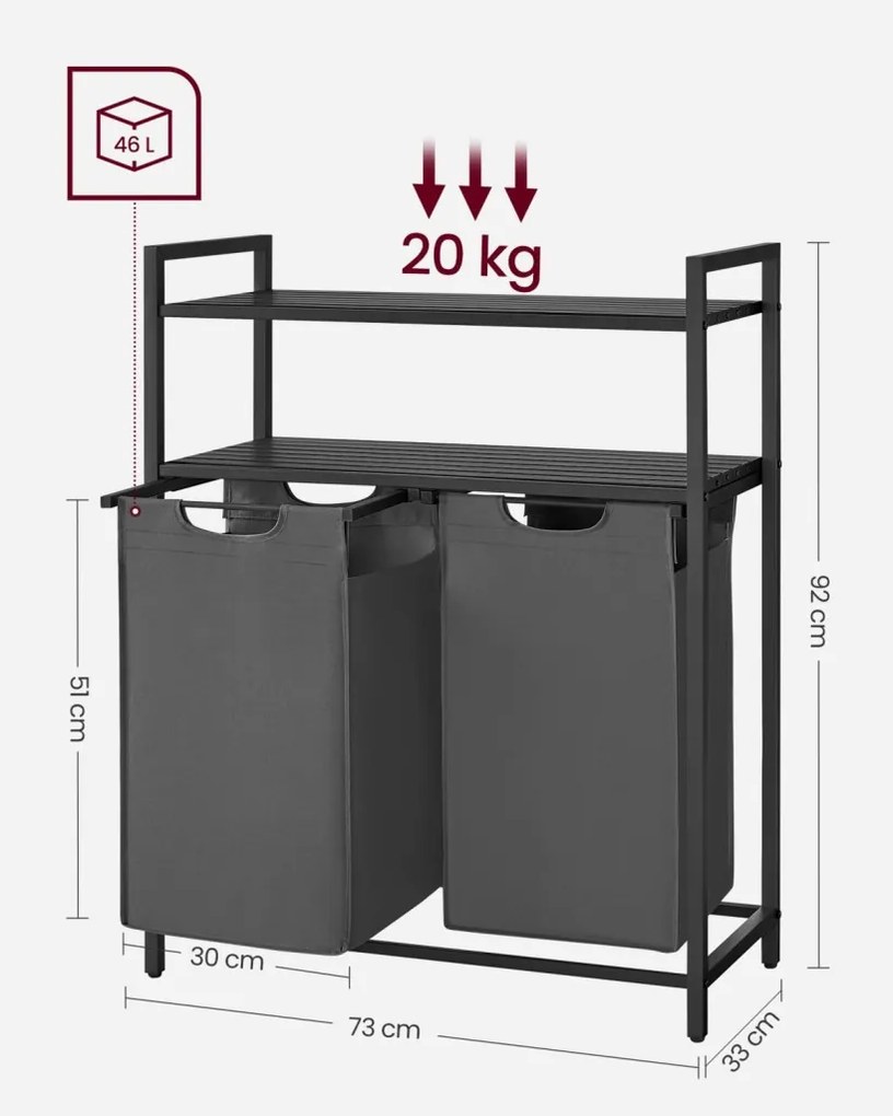 Szennyestartó, polccal kihúzható és levehető ruhatartó zsákkal 2x46L, fekete-szürke