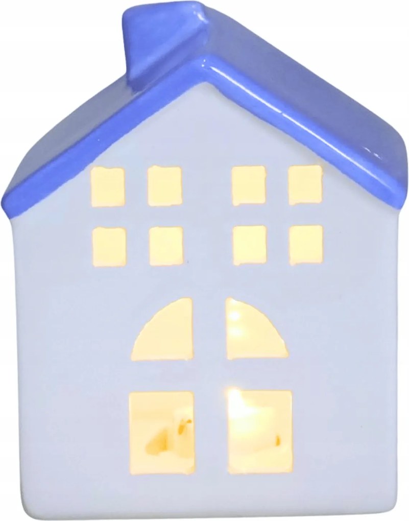 Kerámia Led házikó fehér, kék tetővel kicsi 9x8x11 cm Bájos Deko