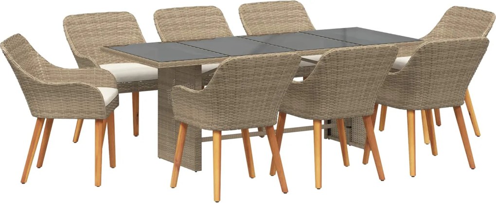 vidaXL Kert étkező szett párnával 9 pcs Bézs polirattan
