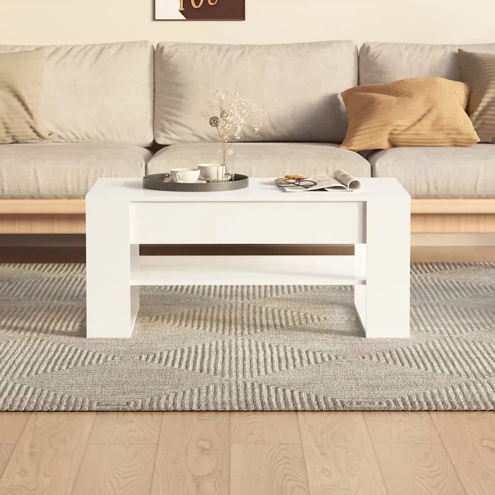 Magasfényű fehér szerelt fa dohányzóasztal 102x55x45 cm