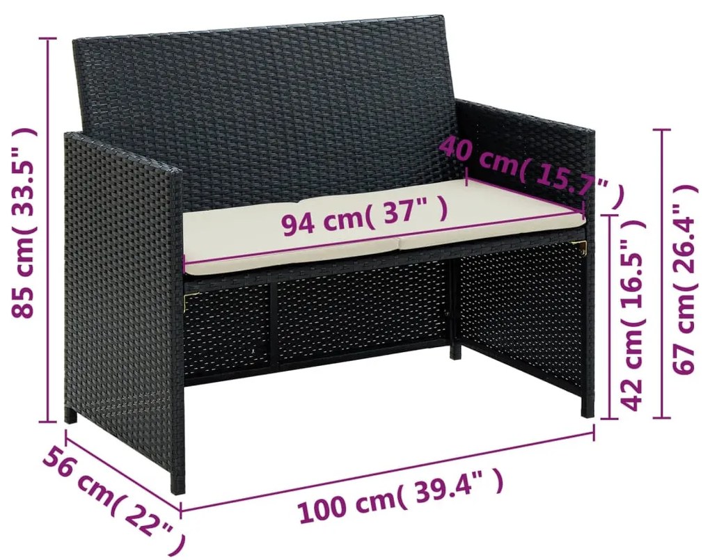 Fekete kétszemélyes polyrattan kerti kanapé párnákkal