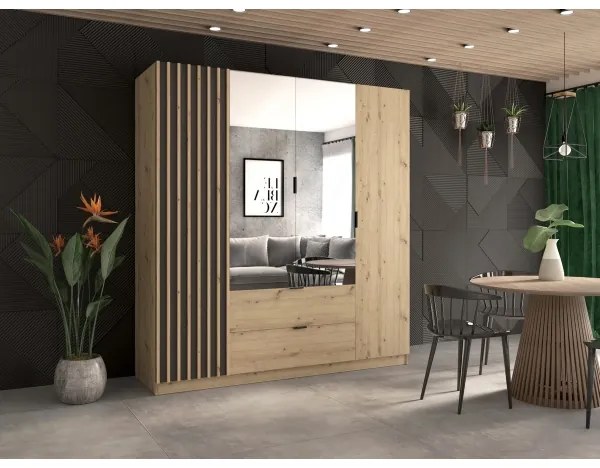 VISTA gardróbszekrény tükörrel, 200x215 cm, artisan tölgy/grafit