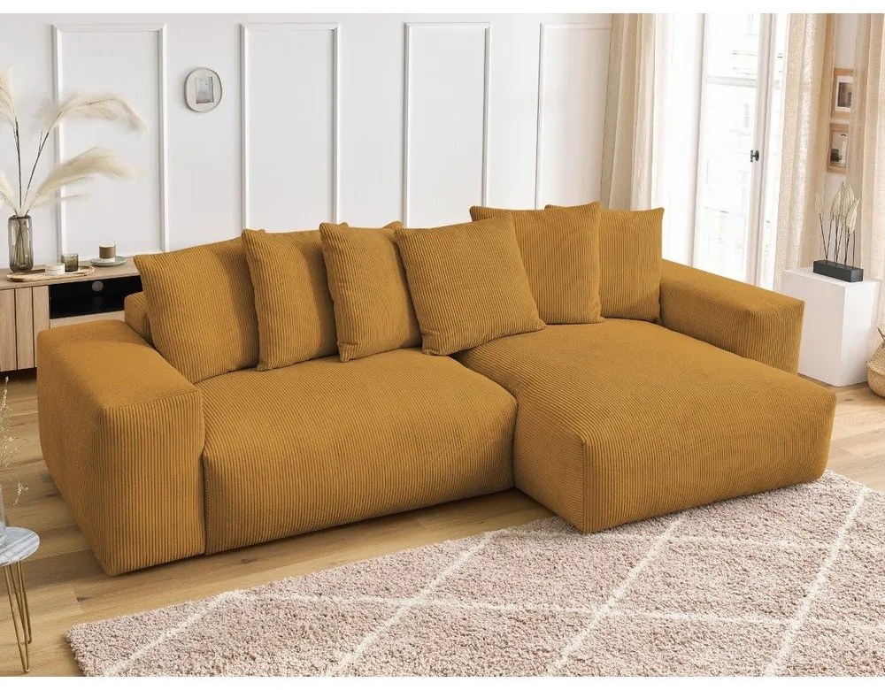 Mustársárga kordbársony kinyitható-tárolóhelyes sarokkanapé Voltaire – Bobochic Paris