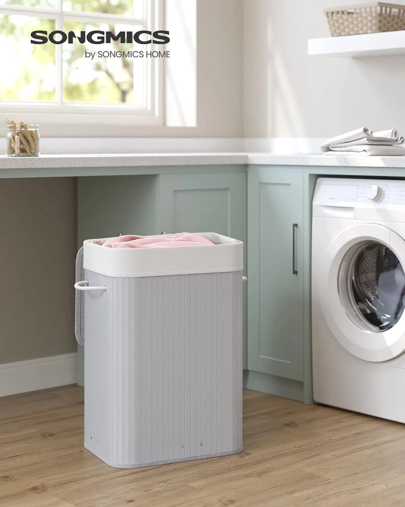 Szennyestartó fedéllel, 72 l, bambusz szennyeskosár, szürke