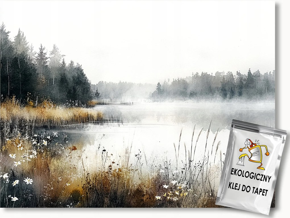 Fotótapéta Flizelina Tájkép Tó Fák Fű Ősz Köd 104x70,5 ragasztó