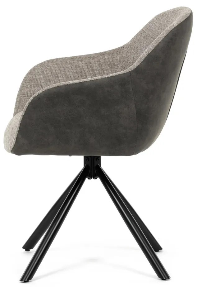 Scaun de sufragerie pivotant, țesătură bej și țesătură gri închis, cu decor vintage din piele, metal negru, rotativ P90°+ L90° cu mecanism de retragere