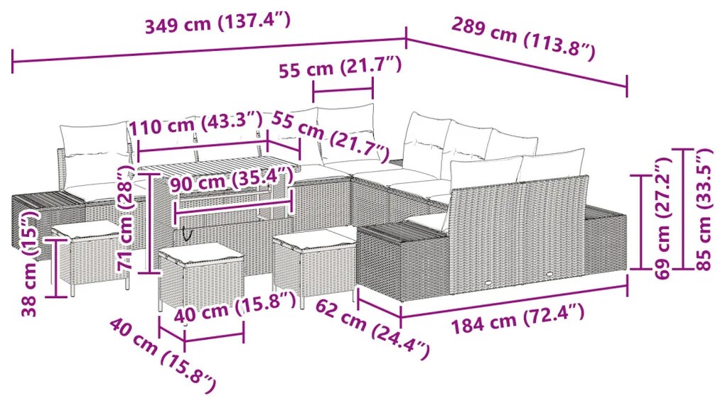 14 darabos kerti kanapé szett párnákkal fekete poli rattan akáciával, 2 fős kerti kanapé párnákkal fekete poli rattan, 4 darabos kerti étkező szett párnákkal fekete poli rattan akáciával