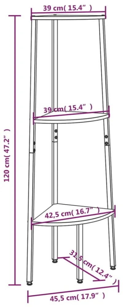 3 szintes fekete sarokpolc 45,5 x 31,5 x 120 cm