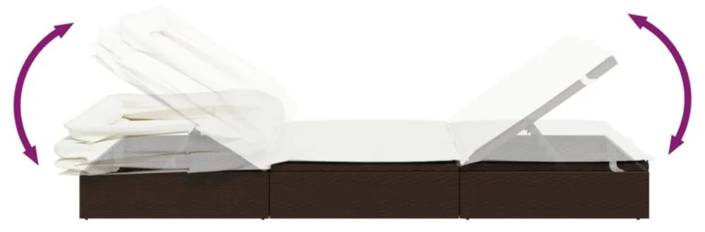 barna polyrattan napozóágy összecsukható tetővel 213x63x97 cm