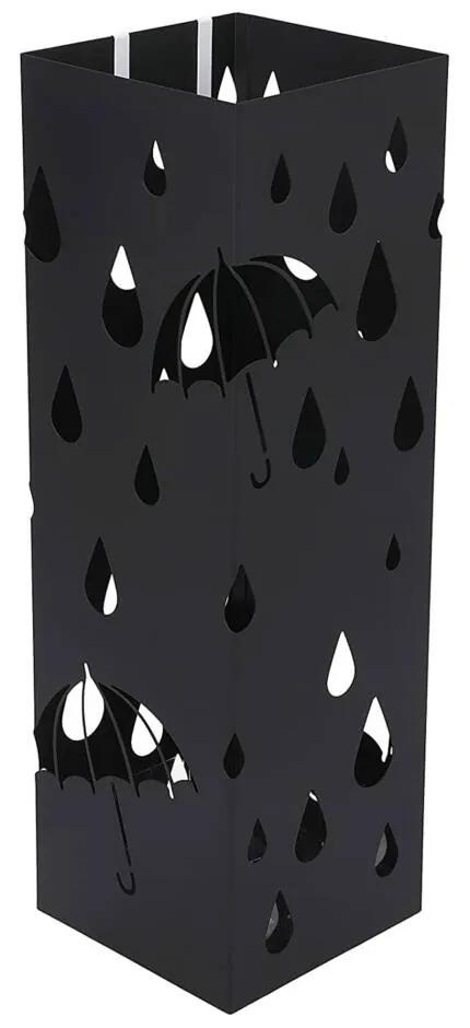 Fém esernyőtartó, négyzet alakú esernyőtartó, horgokkal és csepptálcával, 15,5 x 15,5 x 49 cm