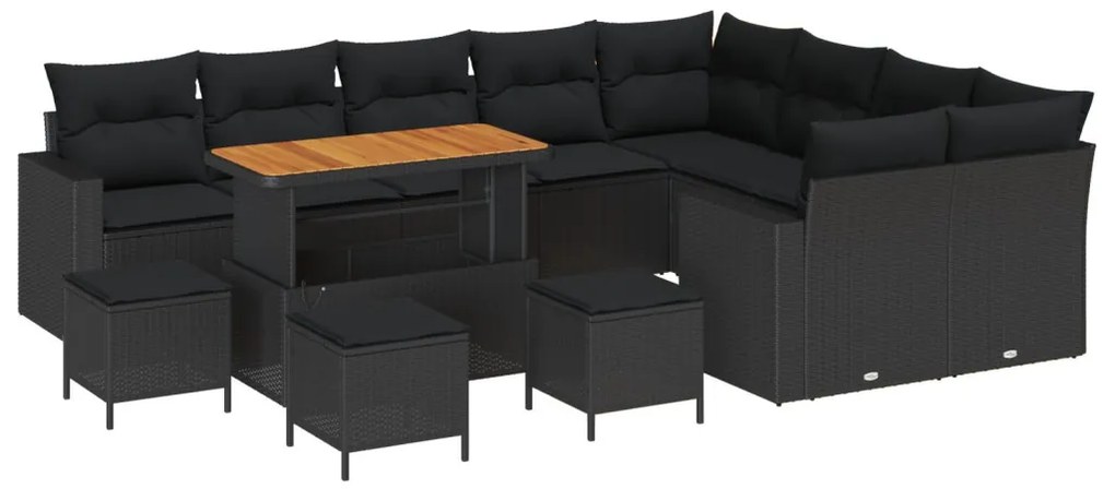12 Részes Kerti Sofa Készlet Párnákkal Fekete Poli Rattan Akác, 3 Részes Kerti Étkező Készlet Párnákkal Fekete Poli Rattan Akác