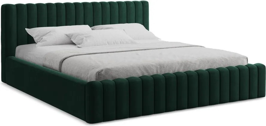 Sötétzöld kárpitozott ágyneműtartós franciaágy ágyráccsal 140x200 cm Lemi – Makamii