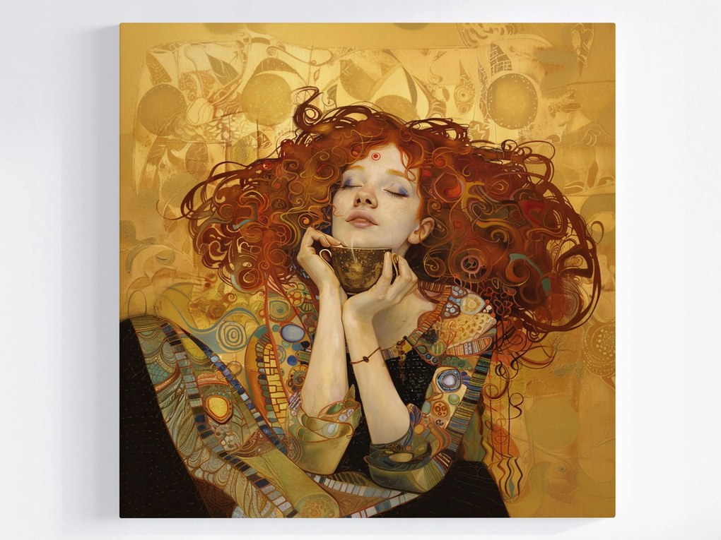 Poszter Portré Vörös Nő Kávé Art Nouveau Klimt 80x80