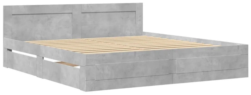 betonszürke szerelt fa ágykeret fejtámlával 200 x 200 cm