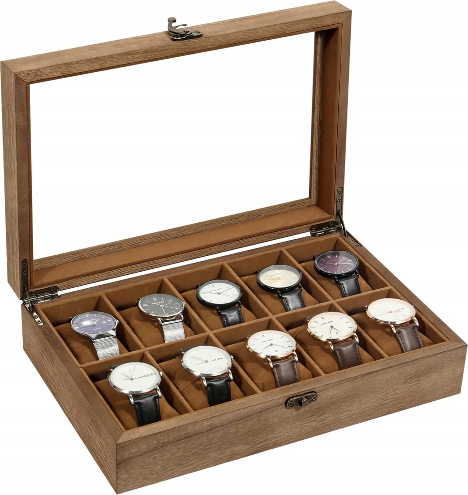 Fa óratartó doboz 10 rekeszes párna üveg fedél barna